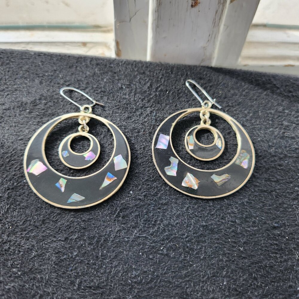 Vintage Black Abalone Alpaca Earrings